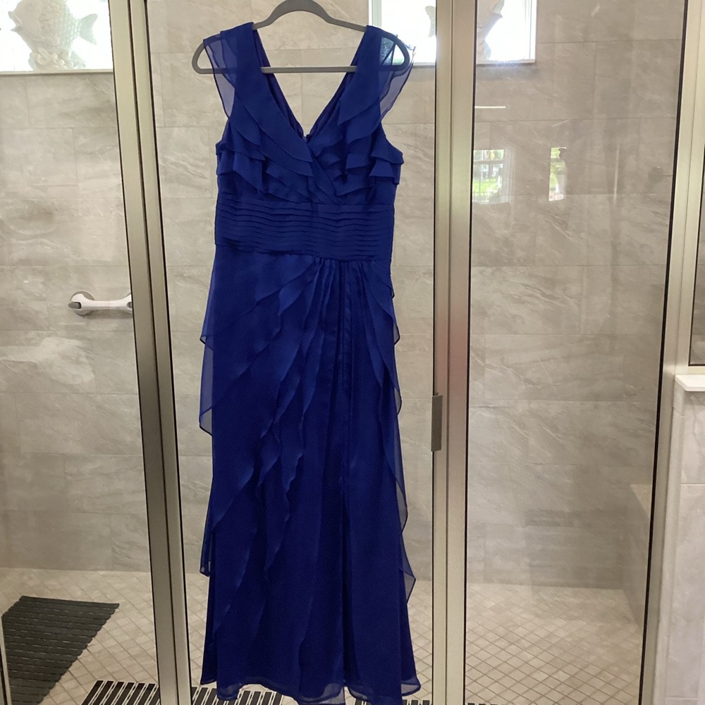 Adrianna Papell Blue Tiered Ruffled Maxi Gown